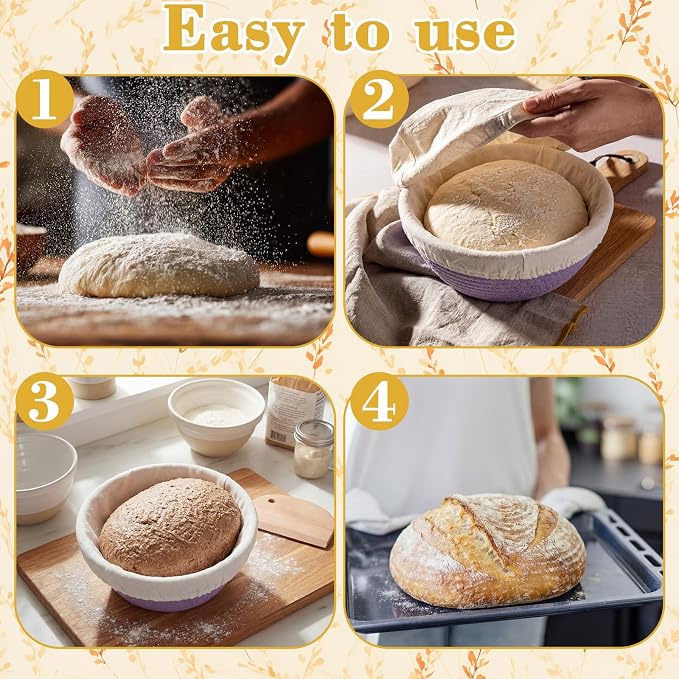 4 Pcs Round Banneton Bread Proofing Basket Set Cotton Rope Sourdough Bread Banneton Basket with Liners Covers for Baking Supplies(9 Inch)