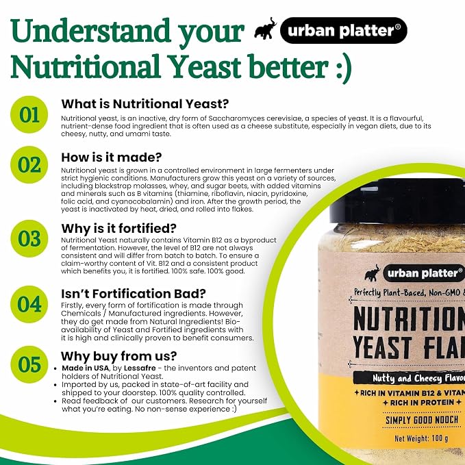Urban Platter Nutritional Yeast Flakes | 3.53 Oz (100g) | Rich in B Vitamins & Protein | Gluten-Free, Non-GMO, Plant-Based Seasoning | Nutty & Cheesy Flavor | For Popcorn, Pasta & Salads