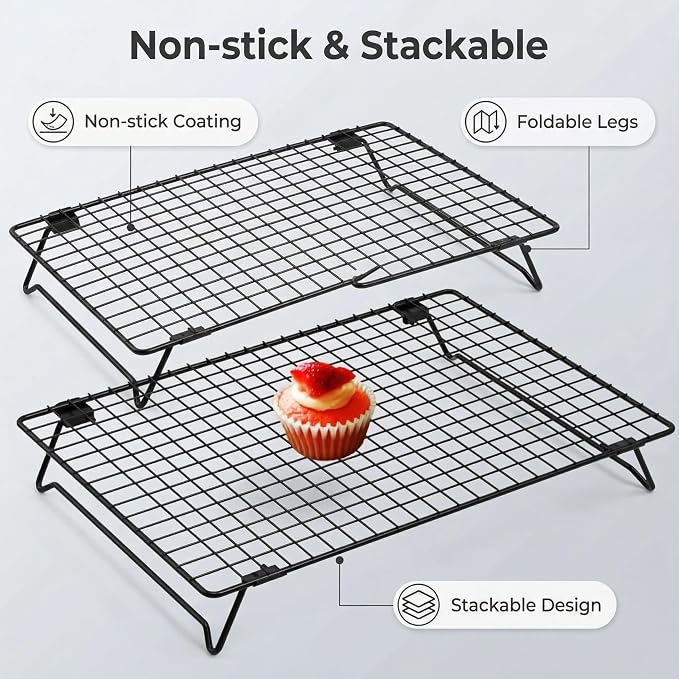 Cooling Racks for Cooking and Baking, 13.4x9.4 Inch 2-Pack This Durable Carbon Steel Wire Cooling Rack is Stackable, Ideal for Cookie Cooling, Roasting, and Making Jerky.