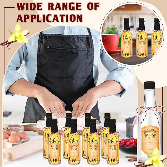 Tioncy 16 Pcs Empty Vanilla Extract Bottles for Homemade Vanilla Jar Glass Bottle with Cap, Shrink Band, Sticker DIY Crafts Wedding Gift Food Storage Canister for Bean(Black,8.5 oz)
