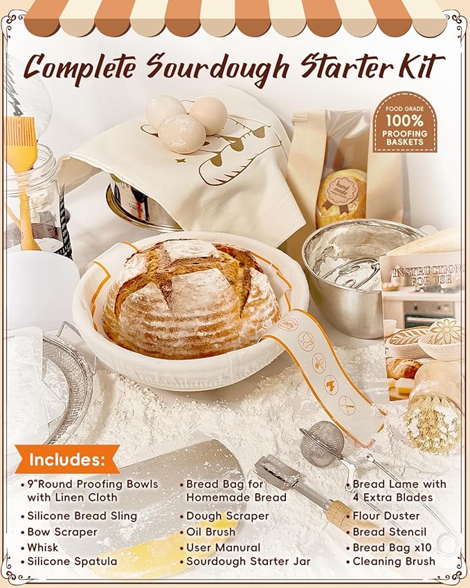 Complete Sourdough Starter Kit with Manual | Easy to Clean for Beginners | Sourdough Bread Baking Supplies with Round Bread Proofing Basket, Bread Sling, Starter Jar, Dough Whisk, Scrapers, Bag