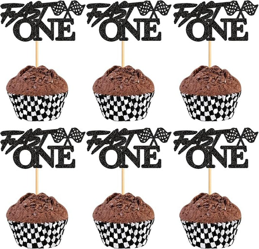Ercadio 24 Pcs Fast One Cupcake Toppers Glitter Black Fast One Check Flag Cupcake Picks Race Car Party Birthday Cake Toppers Funny Racing Birthday Party Decoration Supplies