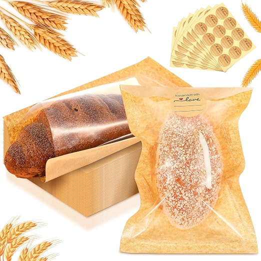 Outus 100 Pcs Cookie Packaging Bags with Seal, 5.1 x 7.5 Inch Bakery Pastry Bags with Window, Heat Sealable Grease Resistant Paper to Go Bake Sleeves for Gift Giving Donut Bread Sandwich (Brown)