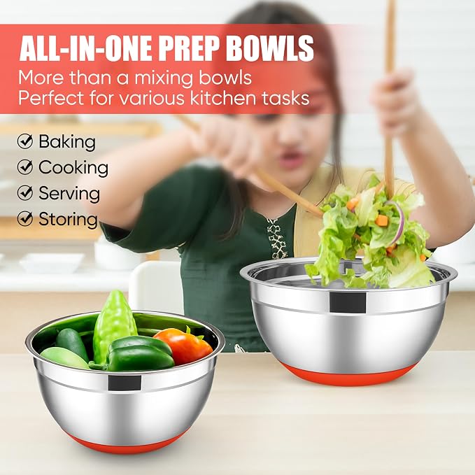 E-far Stainless Steel Mixing Bowls with Lids Set, 5-Piece Nesting Salad Bowls with 3 Grater Attachments and Non-Slip Bottoms, Size 4.6, 2.6, 2, 1.5, 1QT for Kitchen (Red)