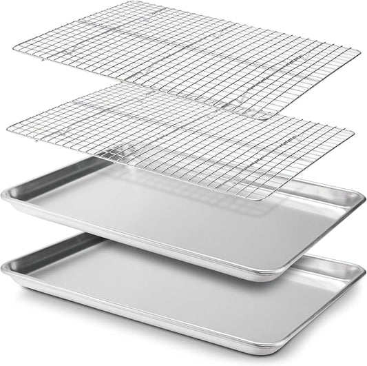 Checkered Chef Baking Sheet, 2 Pack Half Sheet Pan with Stainless Steel Wire Rack Set - Easy Clean Cookie Sheets for Baking