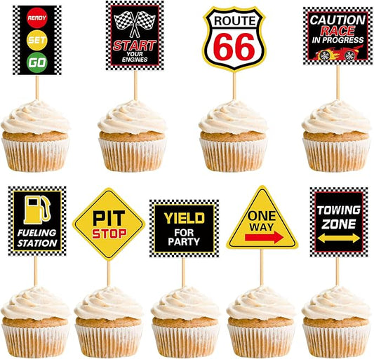 36PCS Race Car Cupcake Toppers Racing Warning Signs Party Decorations Baby Shower Drink Topper Boy Children Birthday Party Decorations Racing Theme Party Cake Decorations
