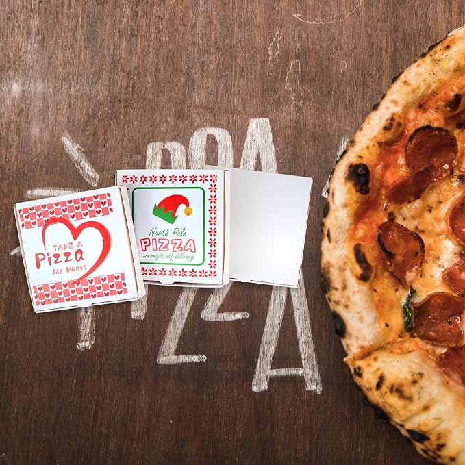 WANGDEFA 50 PCS 3.5 x 3.5 Inch Mini Pizza Boxes Square Cardboard Mini Pizza Box for Celebrations Party Favors Christmas Birthdays Valentines Day Weddings