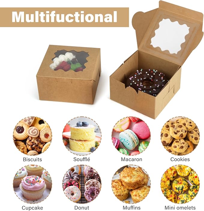 LotFancy 60 Pcs Brown Bakery Boxes with Window, 4x4x2.5 Inches, Small Cookie Boxes, Mini Treat Boxes for Mini Cake, Dessert, Macarons, Chocolates Donuts, Pastries