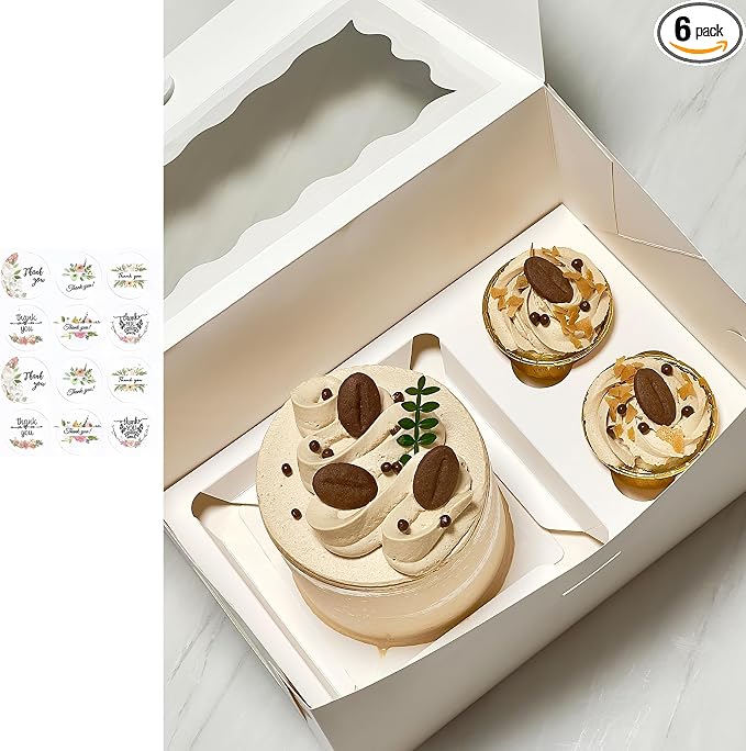 6 Sets Bento Cake Box with Cupcakes, Mini Cake and Cupcake Box with 2 Cupcakes and Tiered Mini Cake