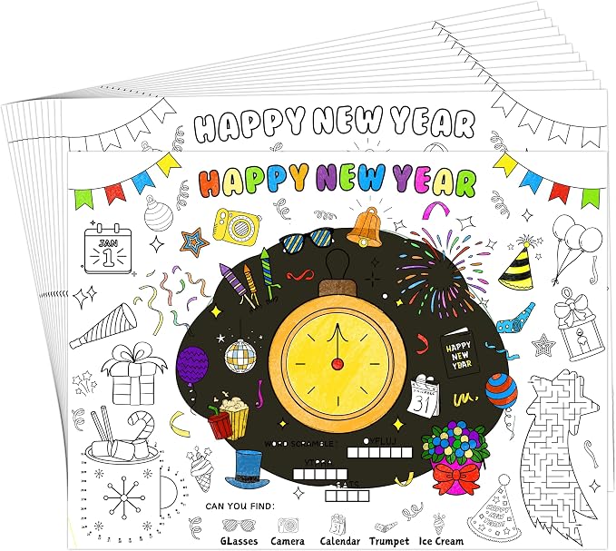 45pcs New Year Placemats for Kids Disposable Coloring Poster Happy New Year Gifts School Classroom Activities Paper Table Mats