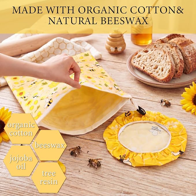 2 Pack Reusable Beeswax Bread Bags for Homemade Sourdough XL 17x13 Inch Beeswax Bread Bags for Storage Large Linen Bowl Cover Keeping Fresh Longer Safe Storage(Bee)