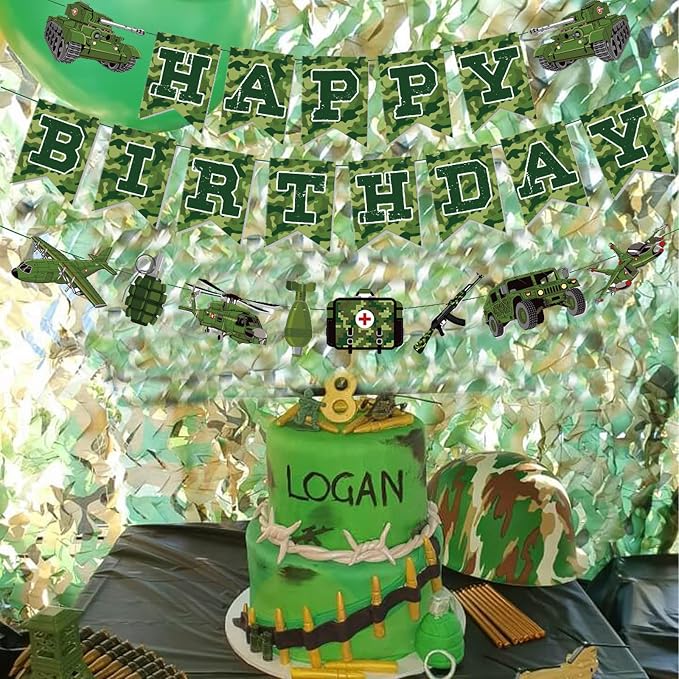 Zwiebeco Camouflage Happy Birthday Party Decoration Green Camo Banner Hanging Paper Bunting Garland Sign for Boys Kids Mens Adults Aoldier Military Themed Accessories Supplies