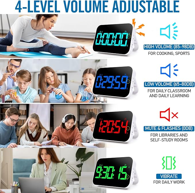 Kitchen Timer（1.5" Number）with Voice Reminder,10 RGB Color Changing Digital Magnetic Timer, Countdown/Up, Rechargeabilit, Brightness Display, 3 Volume Levels and Vibration Mode, for Classroom, Cooking