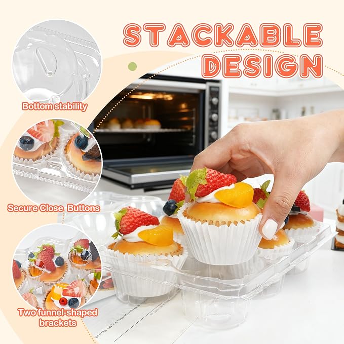 6 Count Cupcake Containers 20 Pack Cupcake Holders Clear Plastic Stackable Cupcake Boxes with Detachable Tall Dome Lids for 120 Cupcakes, BPA Free, Standard Size