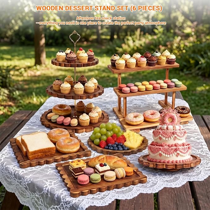 Set of 6 Wooden Dessert Table Display Set, Tiered Cupcake Stand & Serving Trays, 3-Tier Cupcake Tower, Round/Flat Platter, Cake Stand, Rotating Tray for Wedding, Party, Birthday