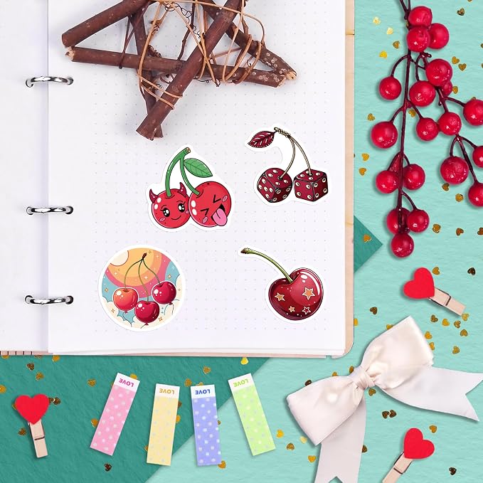 100Pcs Cherry Stickers Waterproof Small for Phone - Cute Fruit Stickers, Red Aesthetic Decals - Cherry Gifts & Party Supplies - Gift for Women & Men