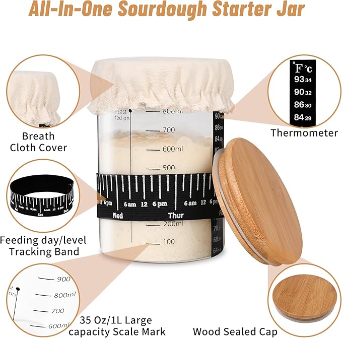 Xileanalee Pro Sourdough Starter Jar Kit 2 Packs-35 Oz Sourdough Bread Starter Jar Kit with Date Marked Feeding Band,Thermometer,Spatula,Cloth Cover& Lid for Sour Dough Bread Loaf (2 Pcs)