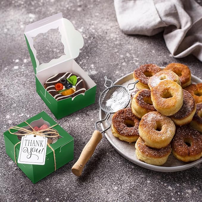 KPOSIYA 60 Pcs Green Bakery Boxes with Window Individual Cupcake Boxes 4x4x2.5 Inches Cookie Boxes Kraft Paper Green Gift Box for Pastries, Cookies, Pie, Donuts, Macaroon