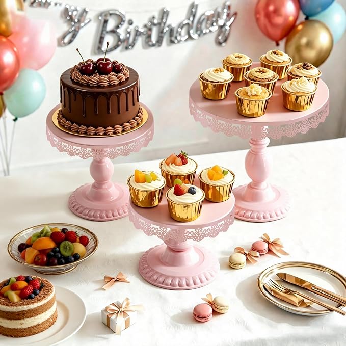 3 PCS Pink Cake Stands (8"&10"&12" Plate), Cupcake Stand with a lace Hollow Border Metal Cake Stand Set for Birthday Party, Wedding, Anniversary, Baby Shower
