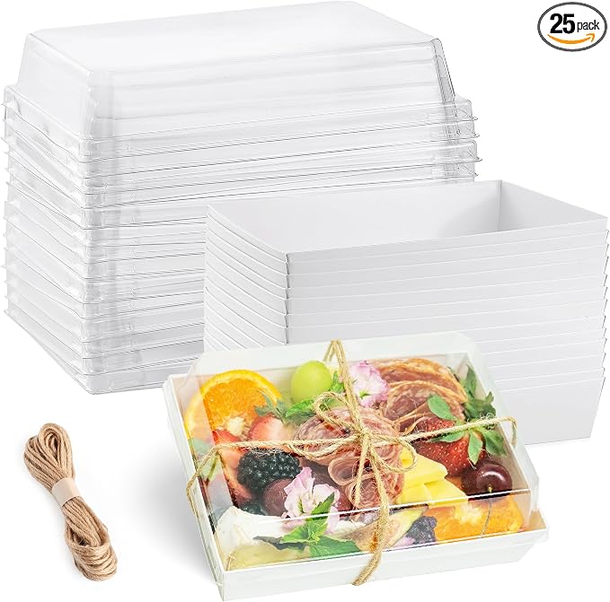 Leafiew 25 Pack 7x5 Inches Charcuterie Boxes with Clear Lids - Individual To Go Paper Charcuterie Board with Lid, Disposable Food Containers for Desserts, Cookie, Food, Charcuterie Accessories (White)