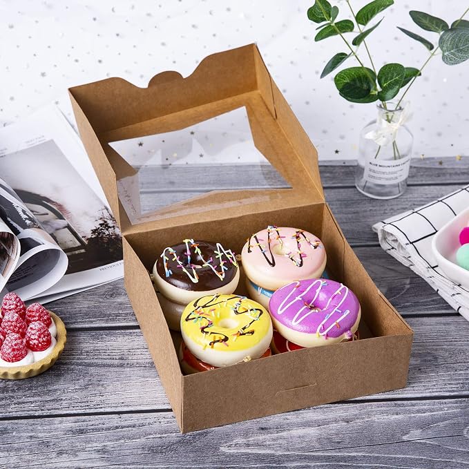 ONE MORE [15pcs] 8" Brown Bakery Pie Boxes, Kraft Cardboard Cookie Box with Window Auto-Popup Natural Disposable Pastries Boxes 8x8x2.5inch,Pack of 15