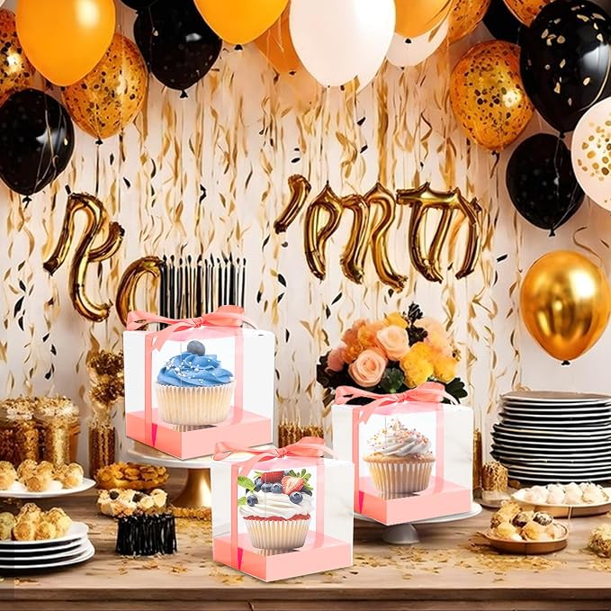 24 Pcs Clear Plastic Cupcake Boxes, 3.5 Inch Single Cupcake Containers for Cake Dessert, Individual Cake Storage Holder with Ribbon Wedding Birthday Party Favor (Rose Gold)