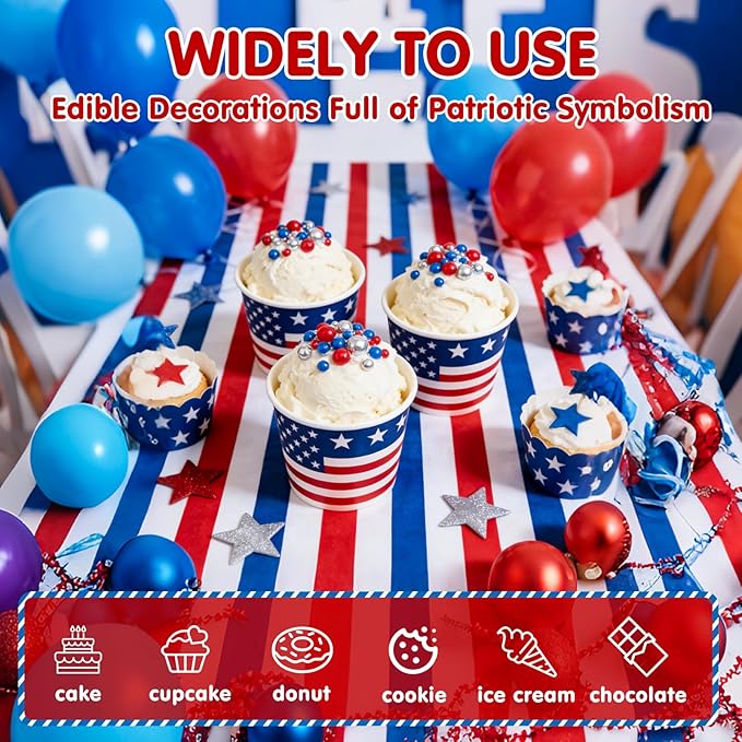 Edible Patriotic Sprinkles,July 4th Blue Red and Silver Pearl Sprinkle Mix for USA Baking Decorations,130g,Edible Sugar Pearls for Captain Cake Decorating,Cookies,Ice Cream,Fondant Cake,Cupcakes,Desserts,Flag Day,Independence Day,4th of July Party Supp...