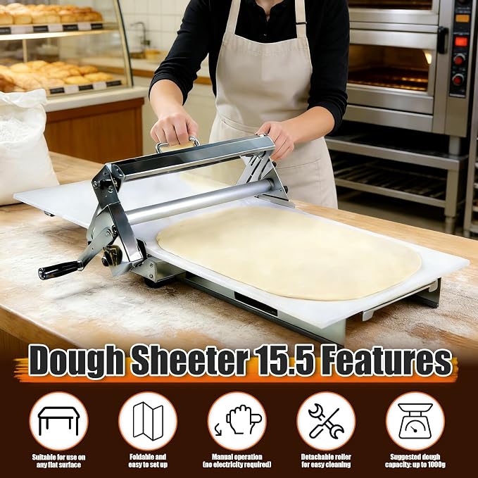 Folding Dough Sheeter (15.5")，Folding Dough Rolling Machine，Manual Dough Sheeter，Stainless Steel Dough Machine With 55 Adjustable Thicknesses, Commercial Grade Capacity (1 Rolling Surface)