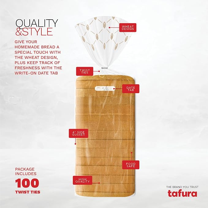 Bread Bags (100 Count) - Clear Plastic Bread Bags with Twist Ties for Sandwich, Loaf, Sourdough, Pastries, Muffins, and Baked Goods with Date Tab for Tracking Freshness, BPA Free
