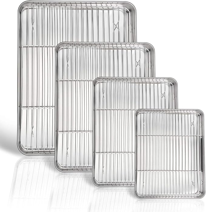 P&P CHEF 16 + 12.5 + 10.4 + 9 Inch Baking Sheet and Rack Set, 8Pcs Stainless Steel Cookie Sheets Oven Baking Pans Trays with Cooling Racks for Cooking, Oven & Dishwasher Safe, Pans with Wire Racks
