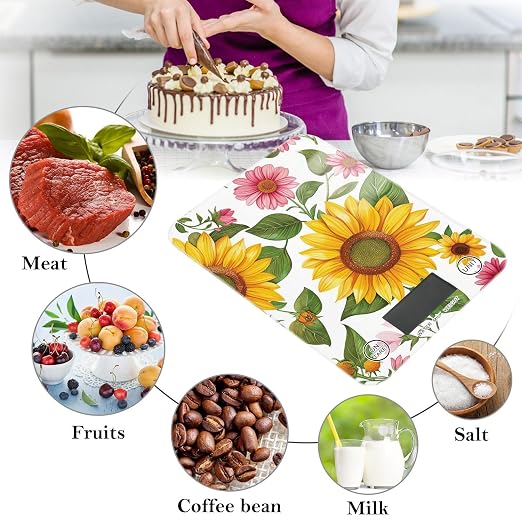 Food Scale Kitchen Digital Scale Food Ounces and Grams Dieting Baking Cooking Waterproof Glass Panels LCD Display,4 Units Scale Tare Function Sunflower White