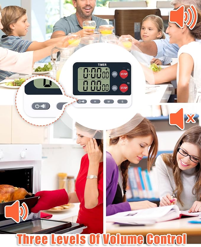TPNEG Dual Kitchen Timer Digital - Large Display, Easy to Use and Read, Cooking Timer for Kitchen with Alarm, Magnetic Back, Loud & Silent and Count Up/Countdown Modes, Replaceable AAA Battery