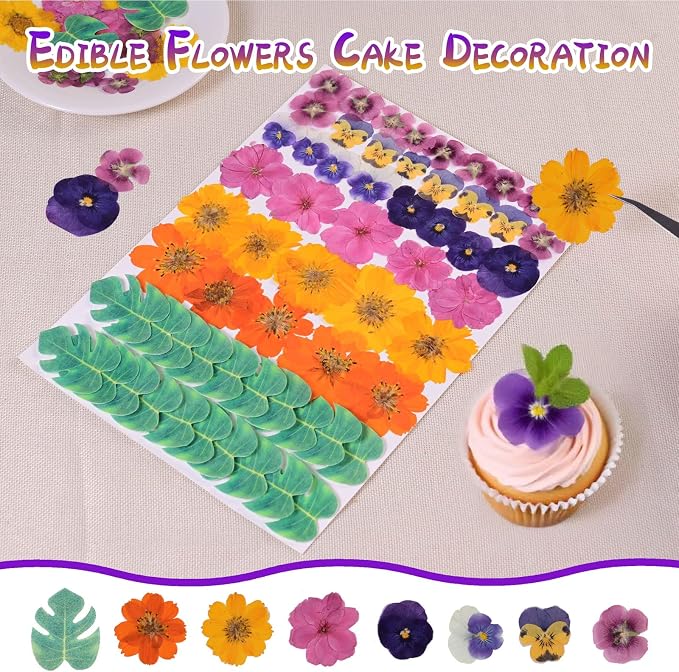 60 PCS Real Edible Flower Tropical Cupcakes Cake Decoration, Hibiscus Flowers Turtle Back Leaves Cartoon Birthday Cake Toppers -Hawaiian Series Theme Wedding, Party, Cocktails
