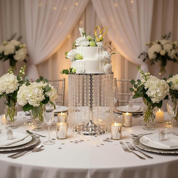Wedding Cake Stand for Dessert Table 12 Inch Silver Crystal Pendants Metal Cake Stand Serves as A Round Dessert Cupcake Display Plate 16 Inch Tall (Silver)
