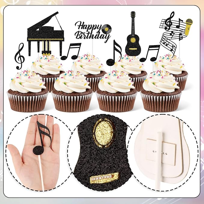 Hooqict 10Pcs Music Cake Decorations Set with Piano, Guitar, Music Notes, Happy Birthday Cake Toppers & Cupcake Toppers for Musician Birthday Party Decorations Supplies