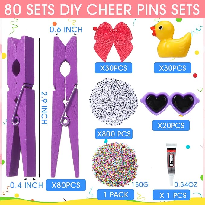 Geelin Cheer Pins Kit with 80 Pcs Spirit Clips, 800 Letter Beads, 30 Ducks, 30 Bows, 20 Sunglasses, Glue, Decoration for Cheerleaders, Volleyball Team Gifts Bulk Stuff DIY Charms(Multicolor,Classic)