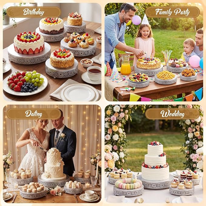 Wenqik 5 Pcs Metal Silver Cake Stand, 8" 10" 12" 14" 16" Large Round Cupcake Stand Dessert Table Display Set Golden Cake Holder for Wedding Birthday Party Bridal Shower Anniversary Table Decoration