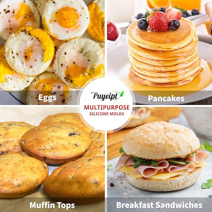 Puyeipt 4 Inch Silicone Egg Molds for Breakfast Sandwiches, 2 Pack Jumbo Size Muffin Top Pans, Non-Stick Round Baking Molds for Egg Bites, Hamburger Buns, English Muffins, Whoopie Pies