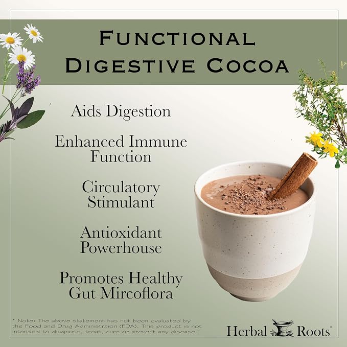 Herbal Roots Organic Digestive Functional Cocoa Beverage Powder - Ginger, Ceylon Cinnamon, Cardamom - Sweetened with Dates and Coconut - 28 Servings