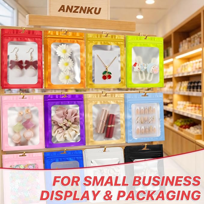 100 PCS Resealable Mylar Bags with Zipper and Frosted Clear Window Smell Proof Bags Packaging Bag Foil Pouch Zipper for Food Self Sealing Storage Supplies Xmas Treat(Red, 3.54x6.29 inch)