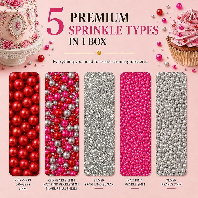 Confect Assorted Edible Sprinkles Pack of 5 – Red, Pink & Silver Dragees with Silver Sparkling Sugar | Costume Party Disco Ball Mix for Cake & Cupcake Decoration | Vegan, Gluten-Free, Nut-Free, Soy-Free, Dairy-Free, Palm Oil-Free - 5 Oz