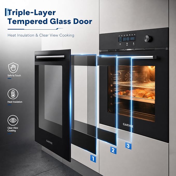 Garvee 24 Inch Built-in Single Wall Oven, 2.5 Cu.ft. Electric Oven with 5 Cooking Functions, 3000W Power, Touch and Knob Control, Low-e Glass Door & Cooling Fan, Easy Clean Enamel, Black
