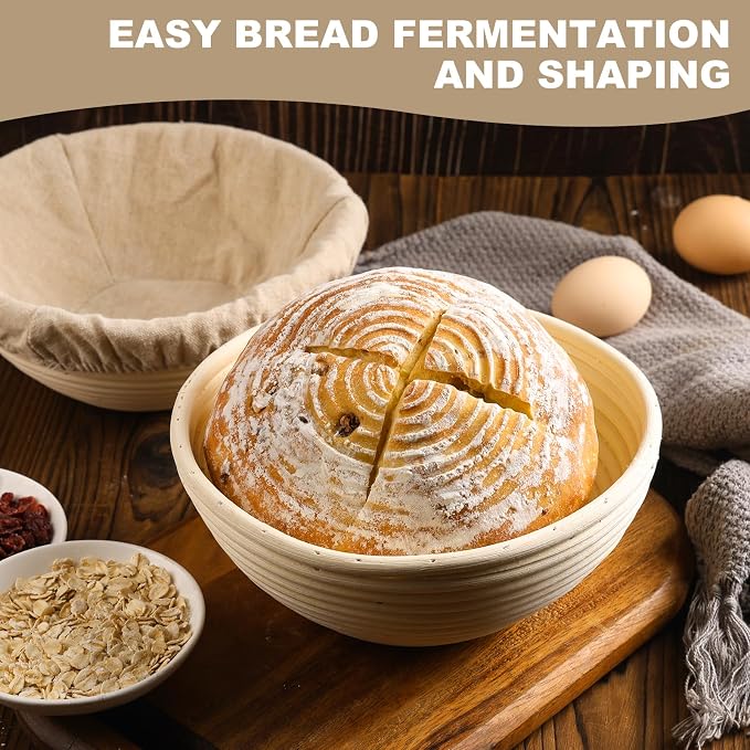 Bread Proofing Baskets Set of 2 10 inch Round Dough Proofing Bowls W/Liners Perfect for Home Sourdough Bakers Baking (10Inch, Round)