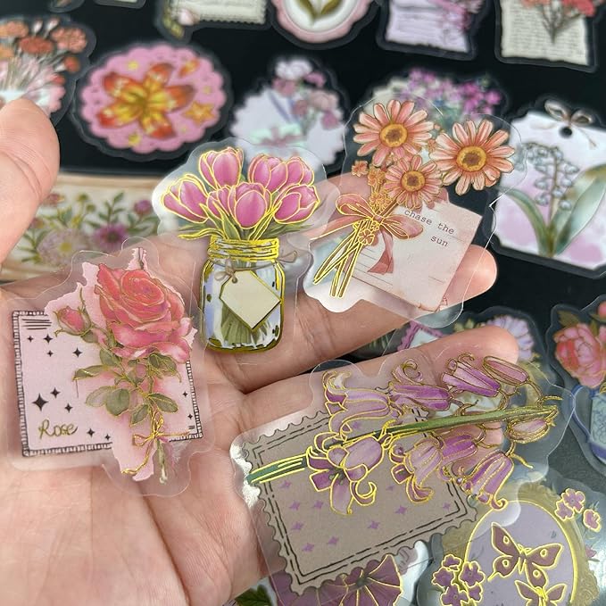 50 Pcs PET Transparent Gold Foil Flower Stickers, Waterproof Vinyl Floral Decals for Laptop Skateboard Luggage, Elegant Flower-Themed Stickers Gift for Teens Adults(Flower-sl)
