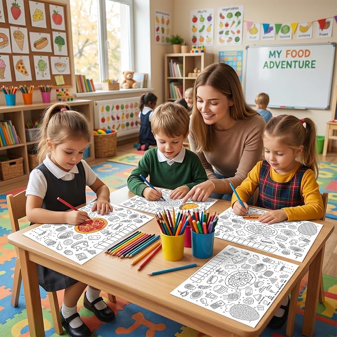 45pcs Food Disposable Coloring Placemats Yummy Foods Crafts for Kids Birthday Party Favors Coloring Poster Pizza Ice Cream Burger Donut Taco Activity Restaurant Church Supplies Paper Table Mats