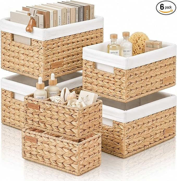 Water Hyacinth Wicker Baskets for Storage, Handwoven Rattan Shelf Basket for Organizing Pantry Closet Bedroom, 100% Natural Decorative Woven Organizer with Handles and Waterproof Canvas, 6 Pack