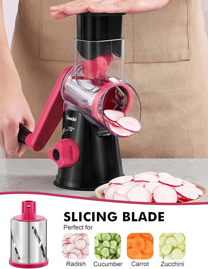 Geedel Rotary Cheese Grater, Kitchen Mandoline Vegetable Slicer with 3 Interchangeable Blades, Easy to Clean Rotary Grater Slicer for Cheese, Vegetables, Nuts