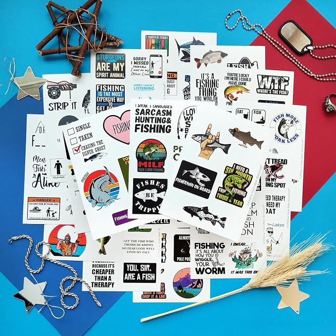 100Pcs Funny Fishing Stickers — Fisherman Decals for Laptops, Water Bottles, Scrapbooking — Fishing Gifts for Men & Women, Laptop Decals, Gifts for Women & Men