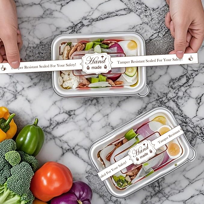 Food Retail Package Seal Stickers 9x1 Inch Safe Secure Tamper Evident Lids Proof Labels 200 Pcs for Freshness Labels for Handmade Crafted Baking (White)