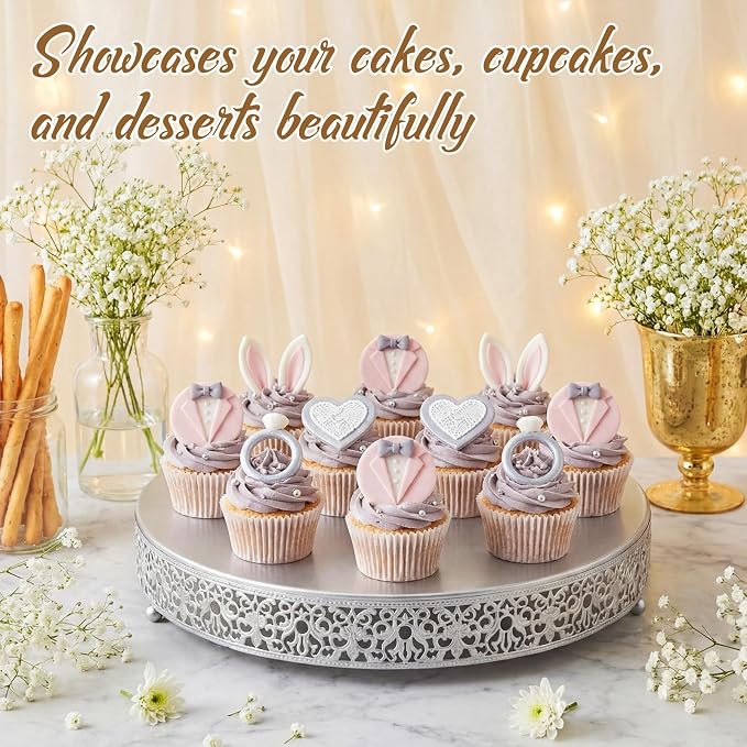 Wenqik 18 Inch Silver Cake Stand Set Metal Round Cupcake Dessert Stand with Cake Cutting, Spatula Wedding Cupcake Pastry Display Candy Holder Display for Wedding Party Birthday Baby Shower(Classic)